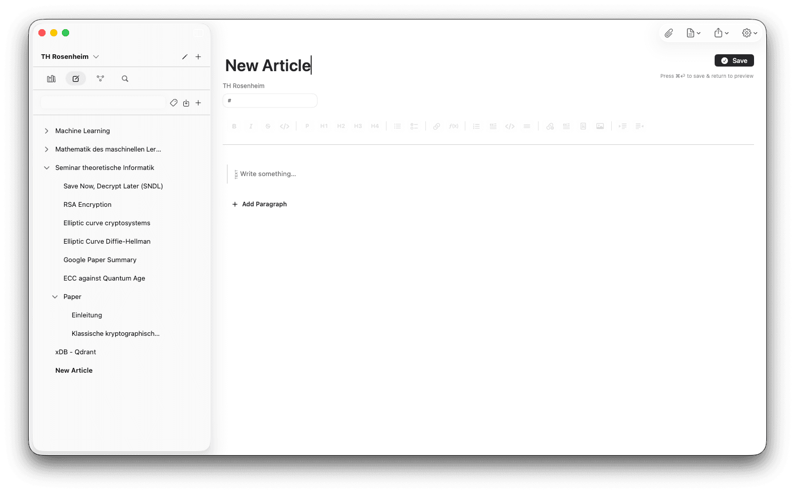 A new, blank article in the note.md editor, ready to fill