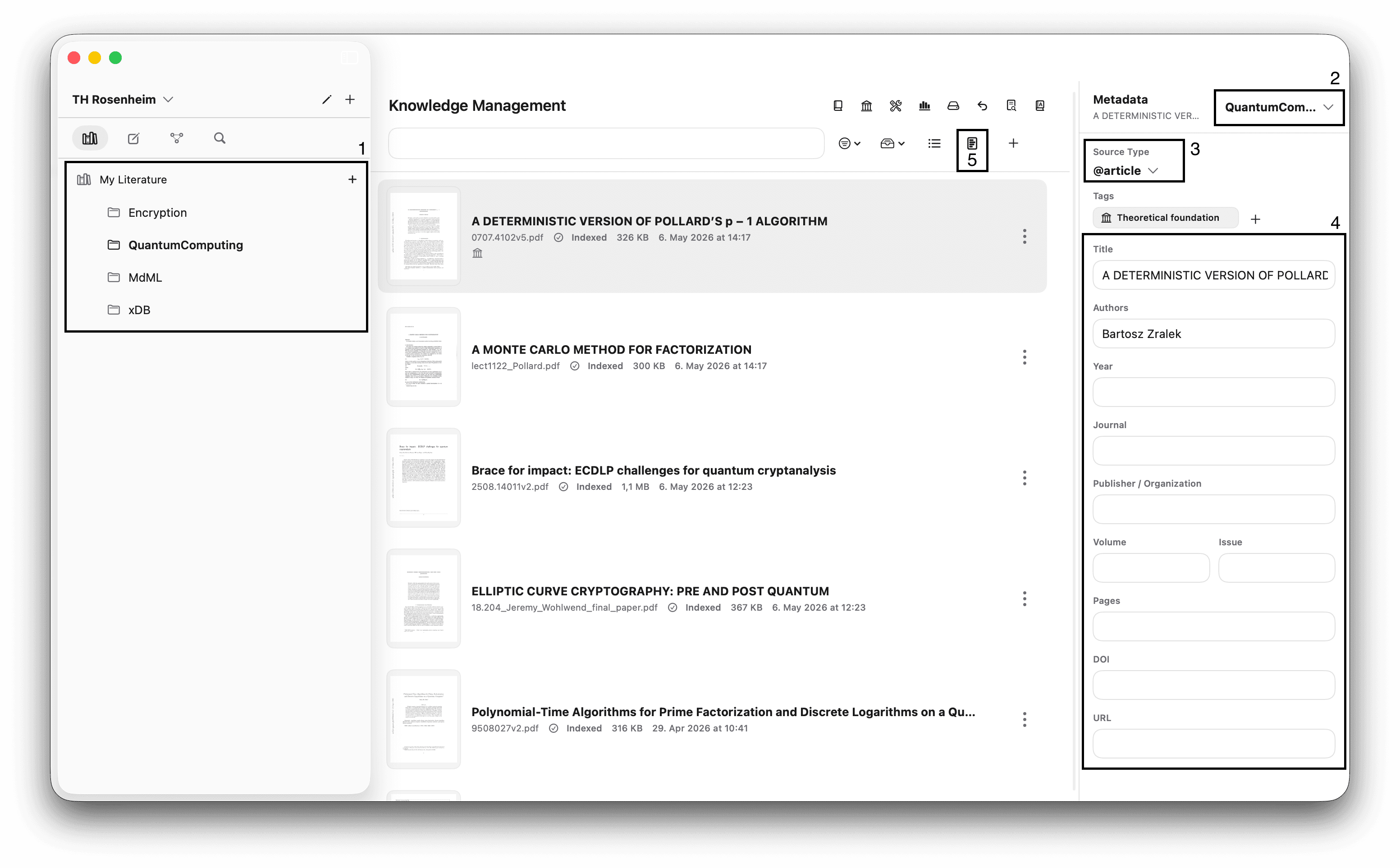 note.md Knowledge Management with five numbered markers highlighting the folders, folder selector, source type, metadata and matrix-view button