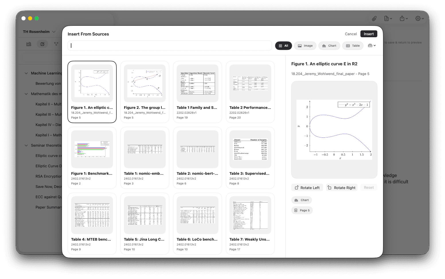 The /insert command in note.md showing a picker of figures, charts and tables extracted from project sources