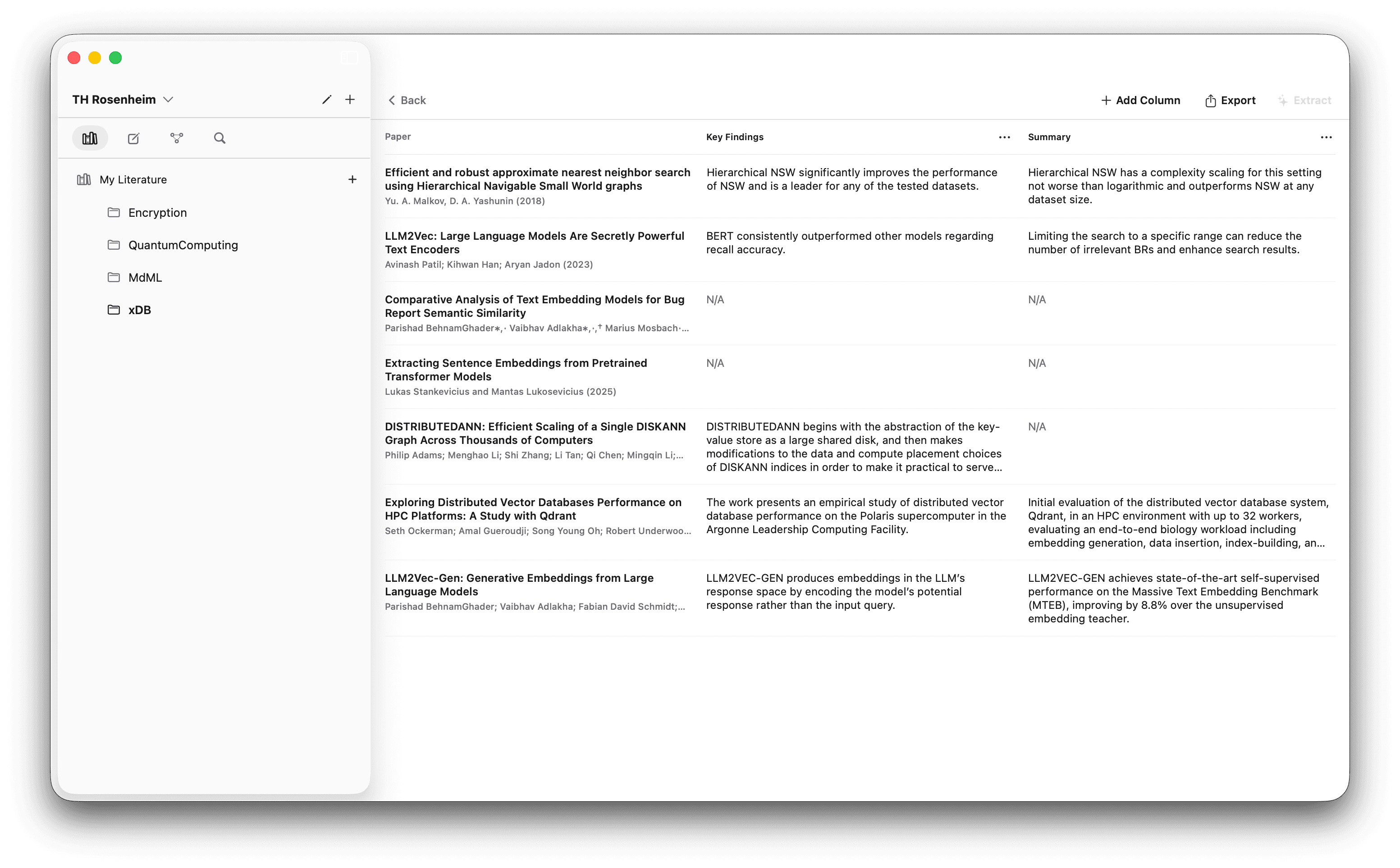 An editable extraction matrix in note.md with rows of papers and columns of findings