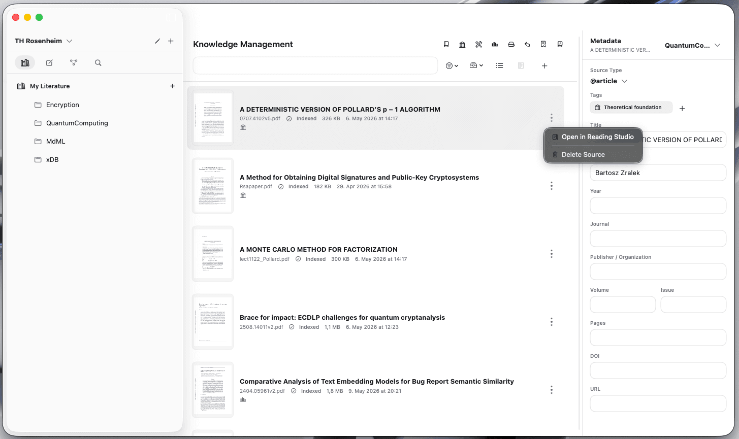 Opening a paper in Reading Studio from Knowledge Management