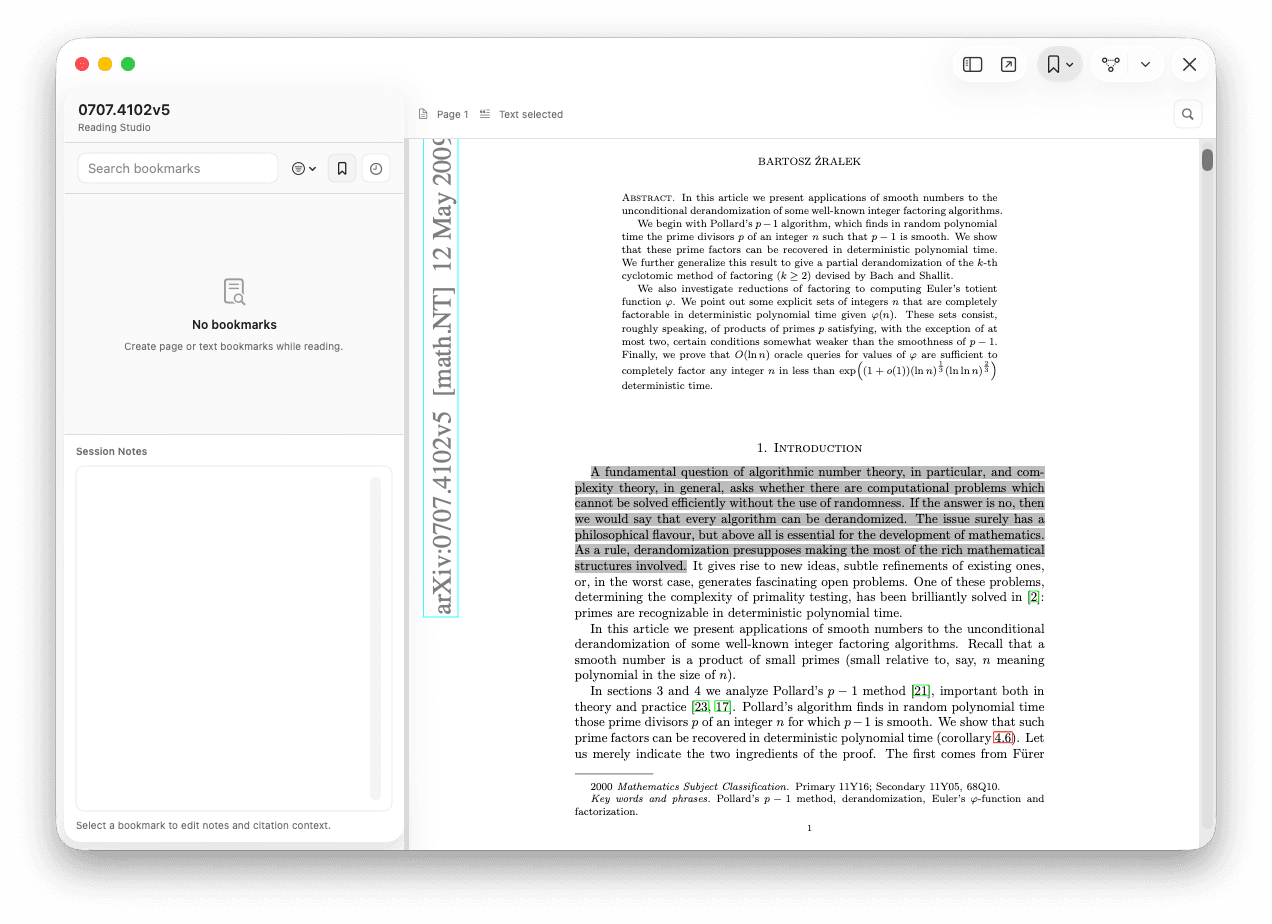 Reading Studio in note.md with a PDF and the markdown editor side by side