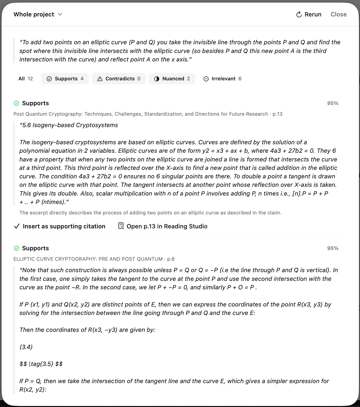 A /scan result panel in note.md showing supporting text snippets from the user's literature library for the current claim