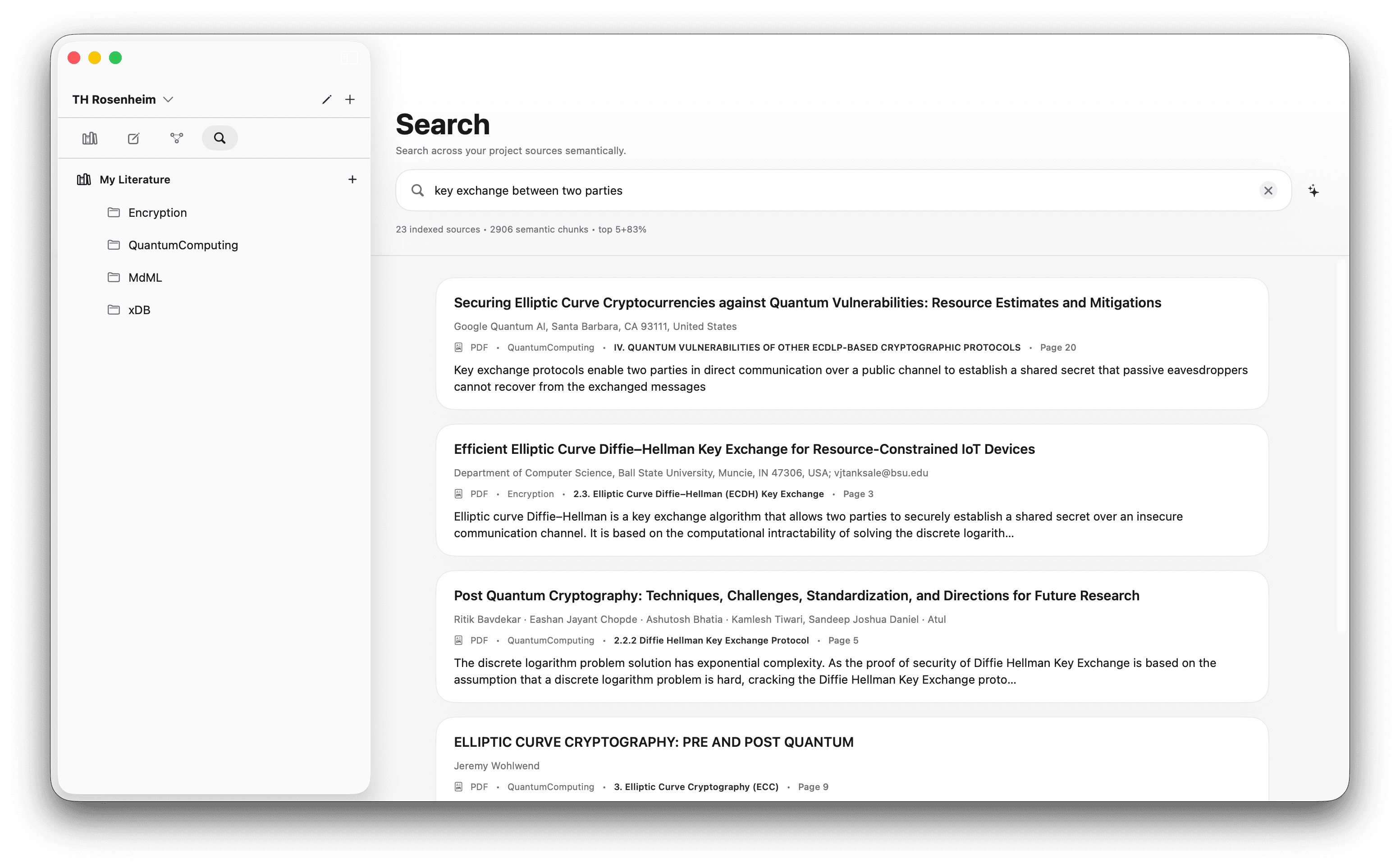 Hybrid semantic + keyword search panel in note.md showing ranked passages across the literature library
