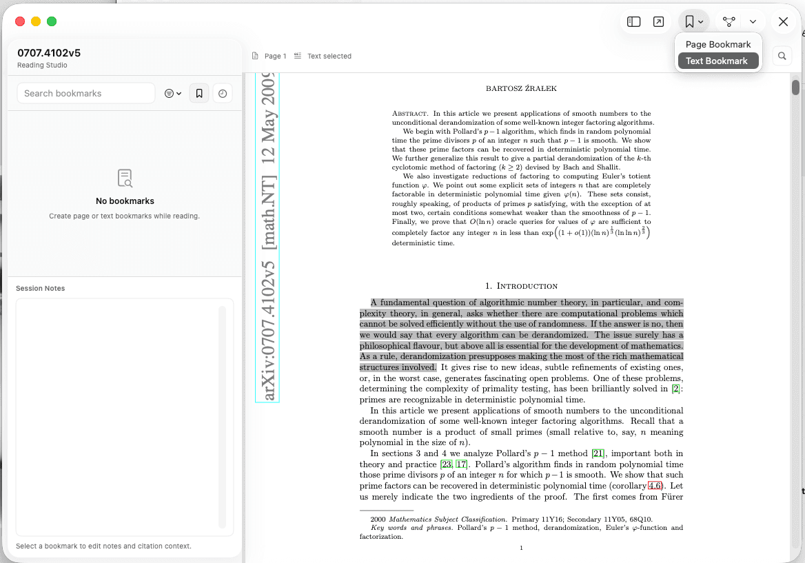Highlighting text in a PDF to generate a text bookmark in note.md