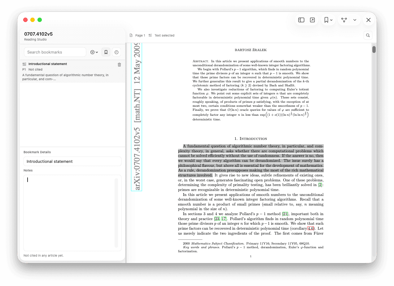 Bookmark in the Reading Studio side panel with a renamed title and a note
