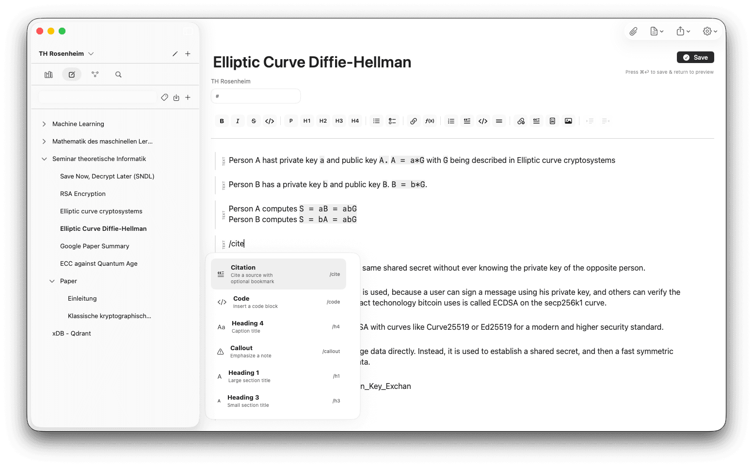 Triggering the /cite command inside the note.md markdown editor