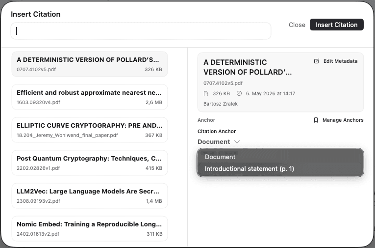 Citation picker in note.md listing papers and the bookmarks inside the selected paper