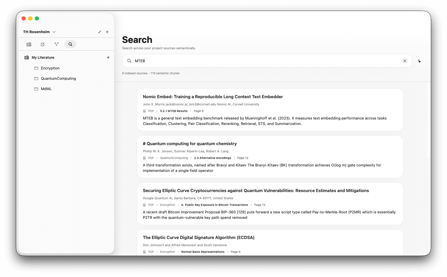 note.md semantic search results across an indexed paper library